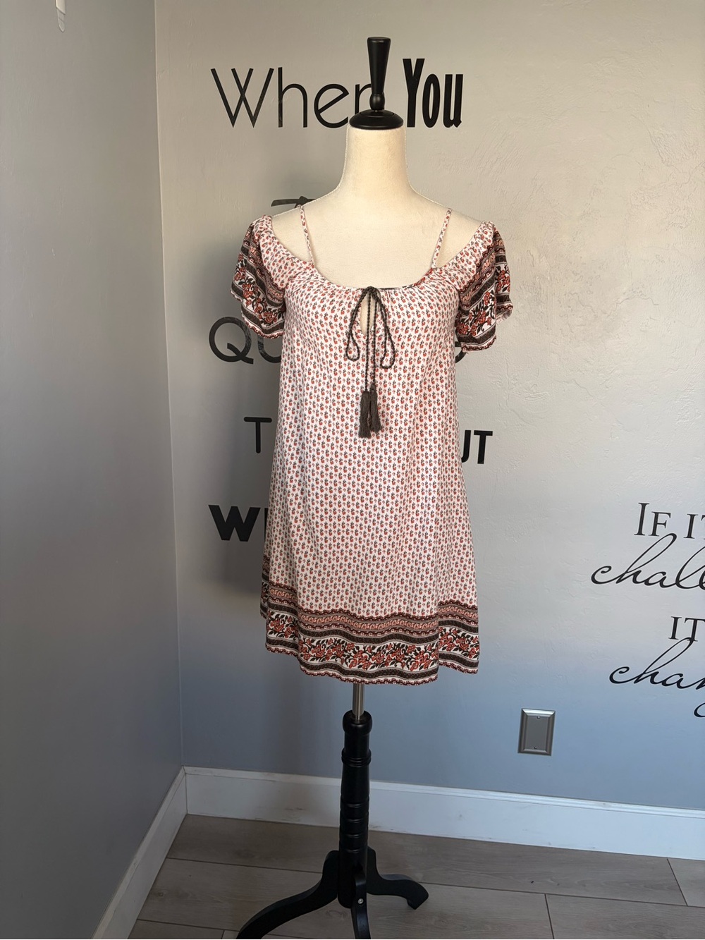 EUC Tassels N Lace Floral Off-Shoulder Dress in Cream & Rust